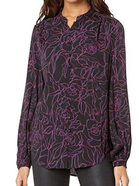 Equipment Cornelia Mandarin Collar Blouse High Low Hem Black Multi Size XL